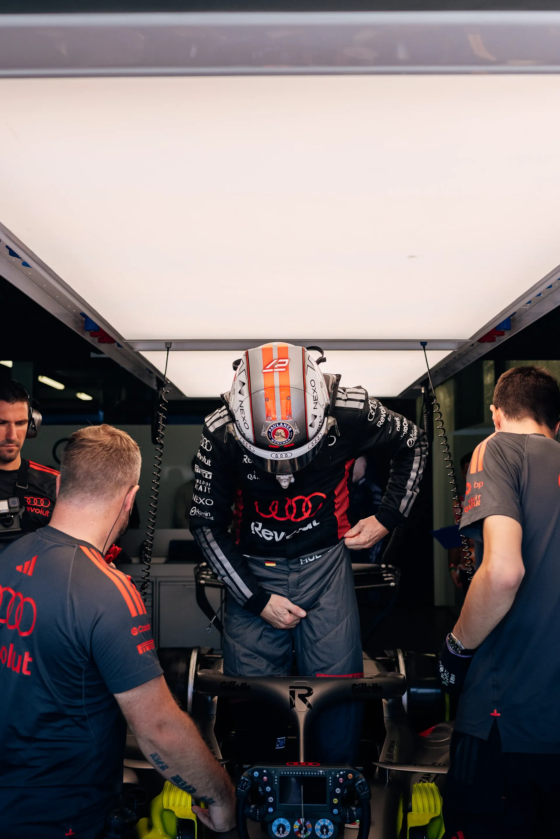 Audi Revolut F1® Team driver Gabriel Bortoleto getting into the Audi R26 during Free Practice 1