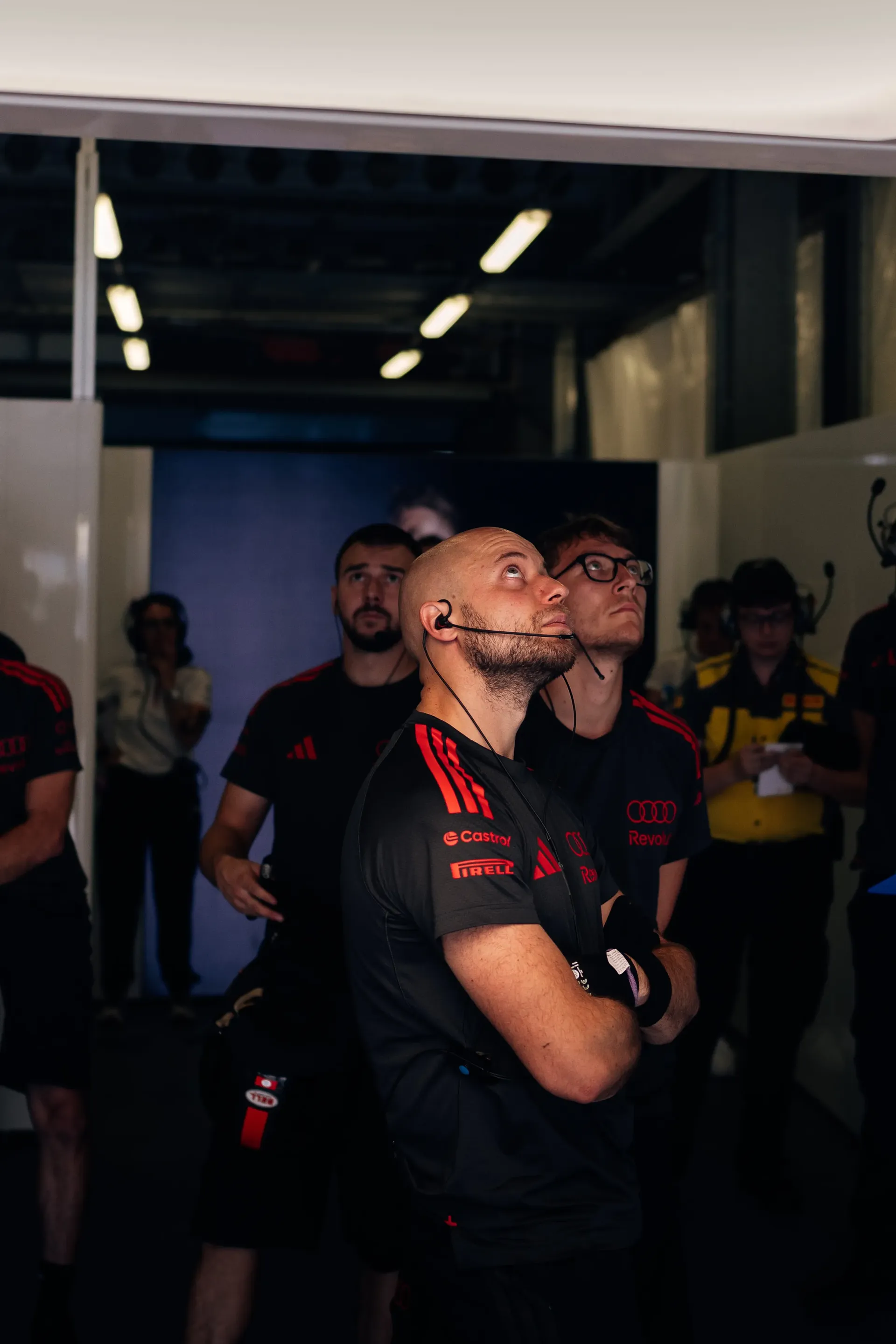 Audi Revolut F1® Team crew in the garage during Free Practice 1 at the Azerbaijan Grand Prix