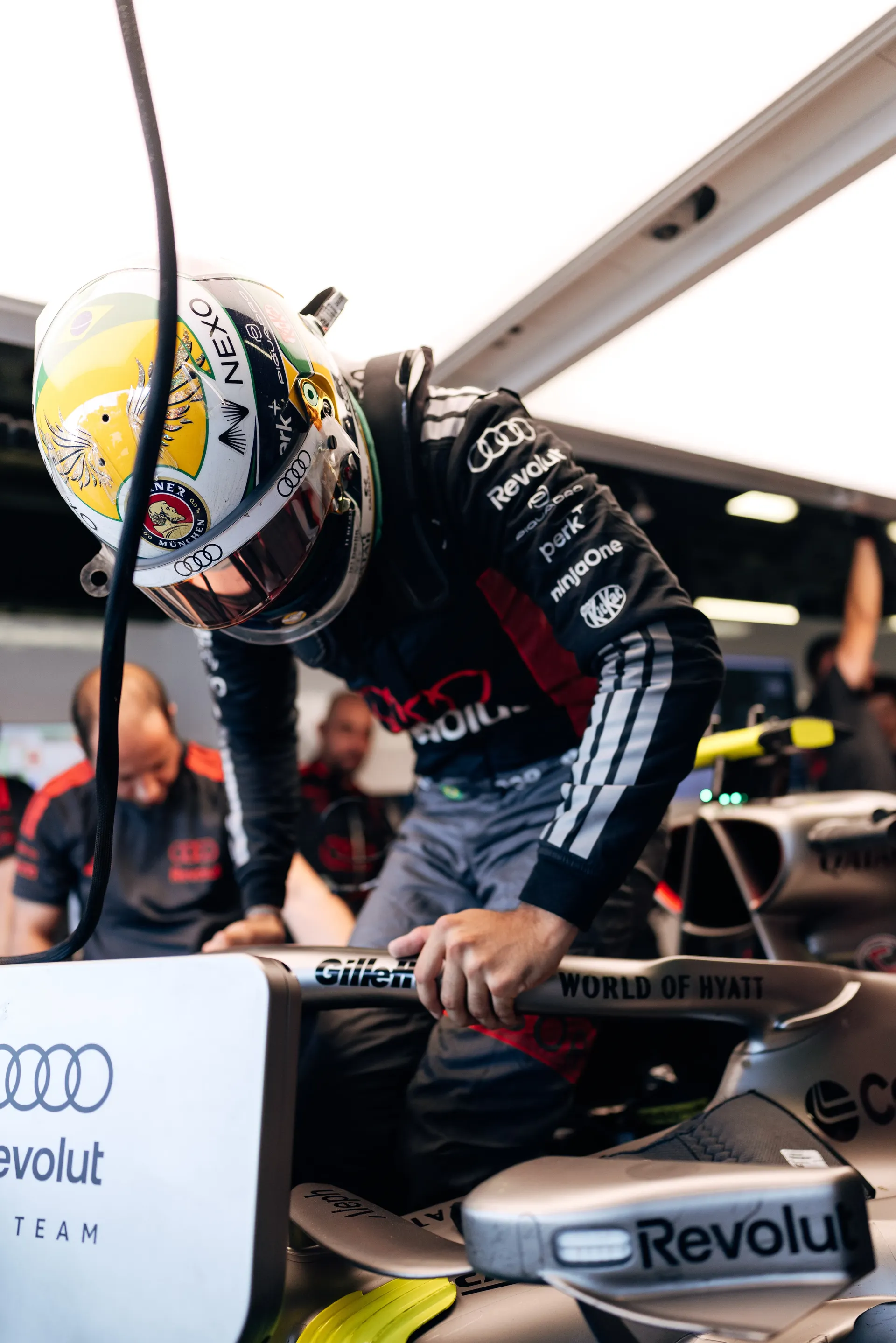 Audi Revolut F1® Team driver Gabriel Bortoleto getting into the Audi R26 during Free Practice 1