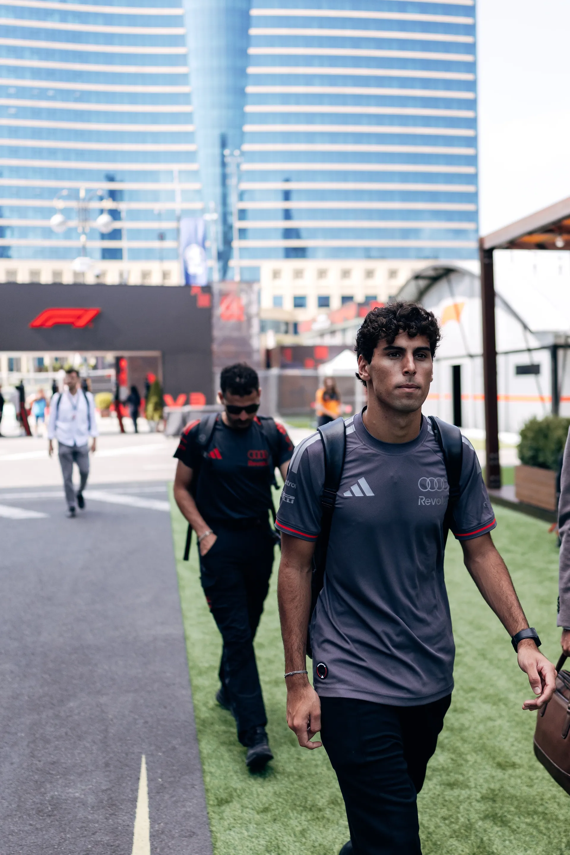 Gabriel Bortoleto, driver at Audi Revolut F1® Team, arriving at the Azerbaijan Grand Prix
