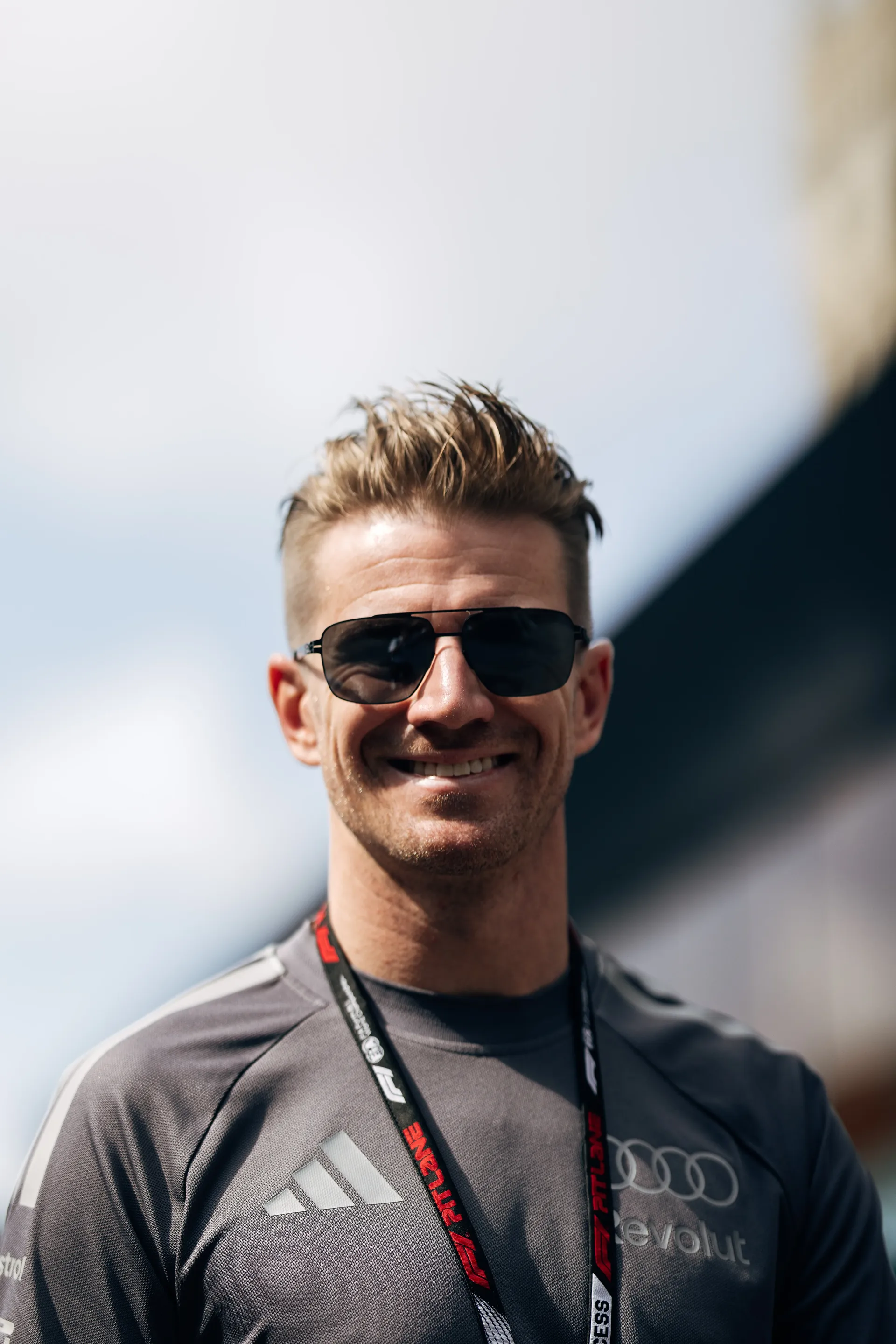 Close up of Nico Hulkenberg, driver at Audi Revolut F1® Team, smiling in the paddock at the Azerbaijan Grand Prix