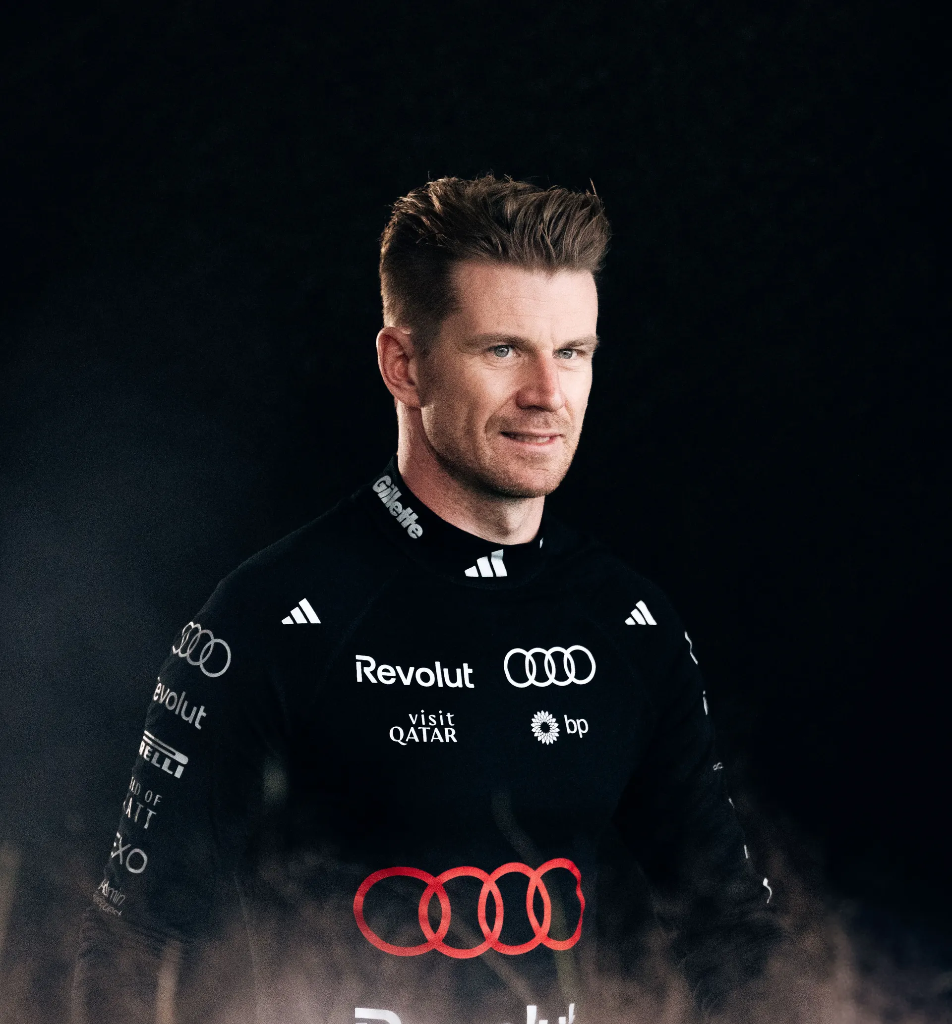 Portrait of Audi Revolut F1® Team driver Nico Hulkenberg smiling in a black base layer