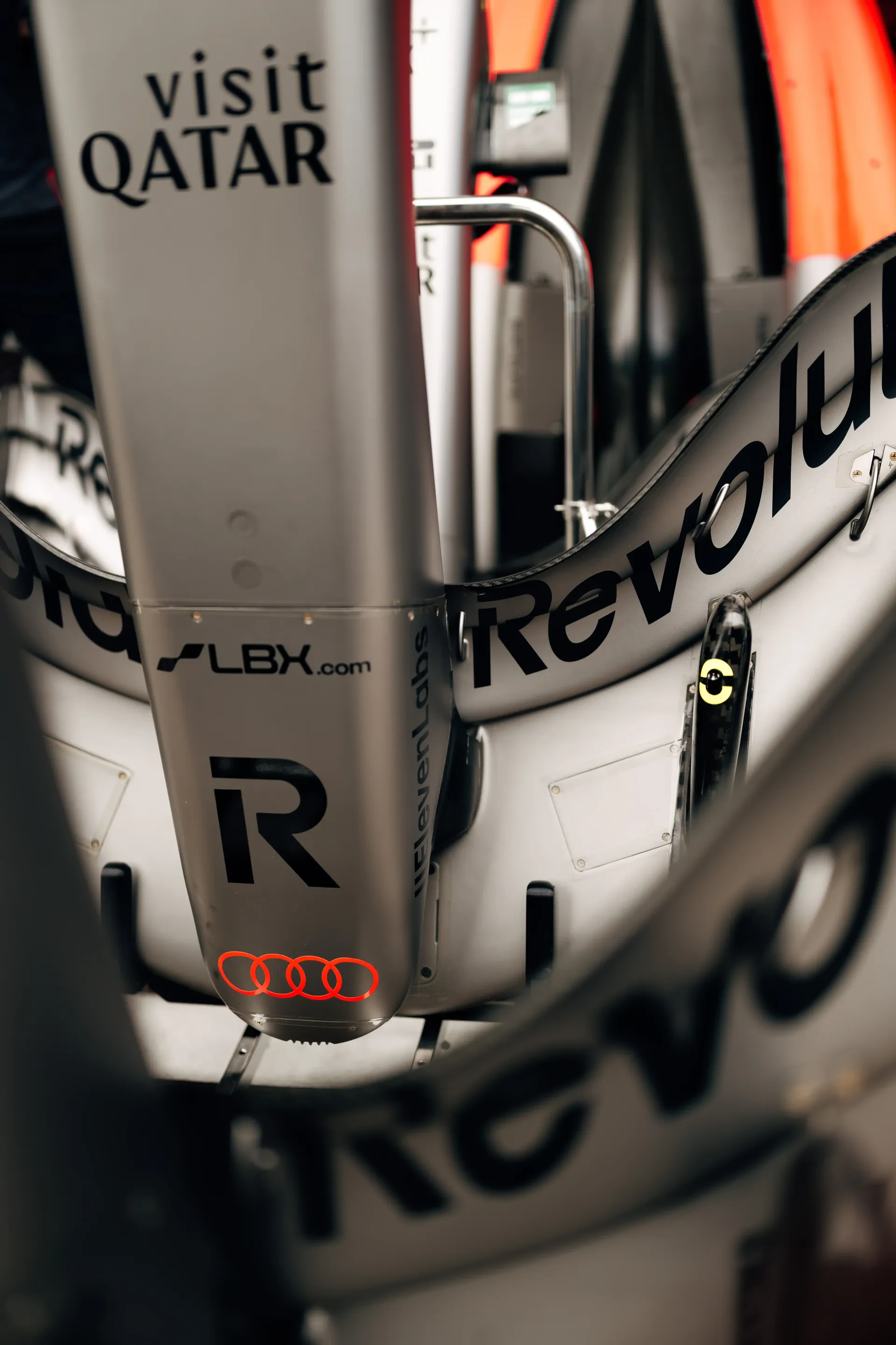 Front wing detail shot of the Audi Revolut F1® Team car shoving Revolut banking Logo
