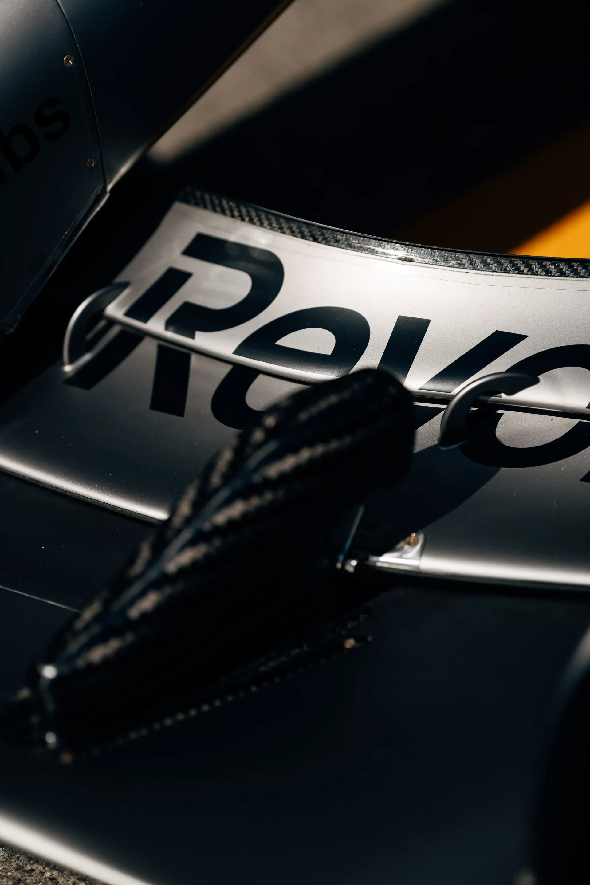 Front close up of the front wing of the Audi Revolut F1® Team car showing Revolut Logo