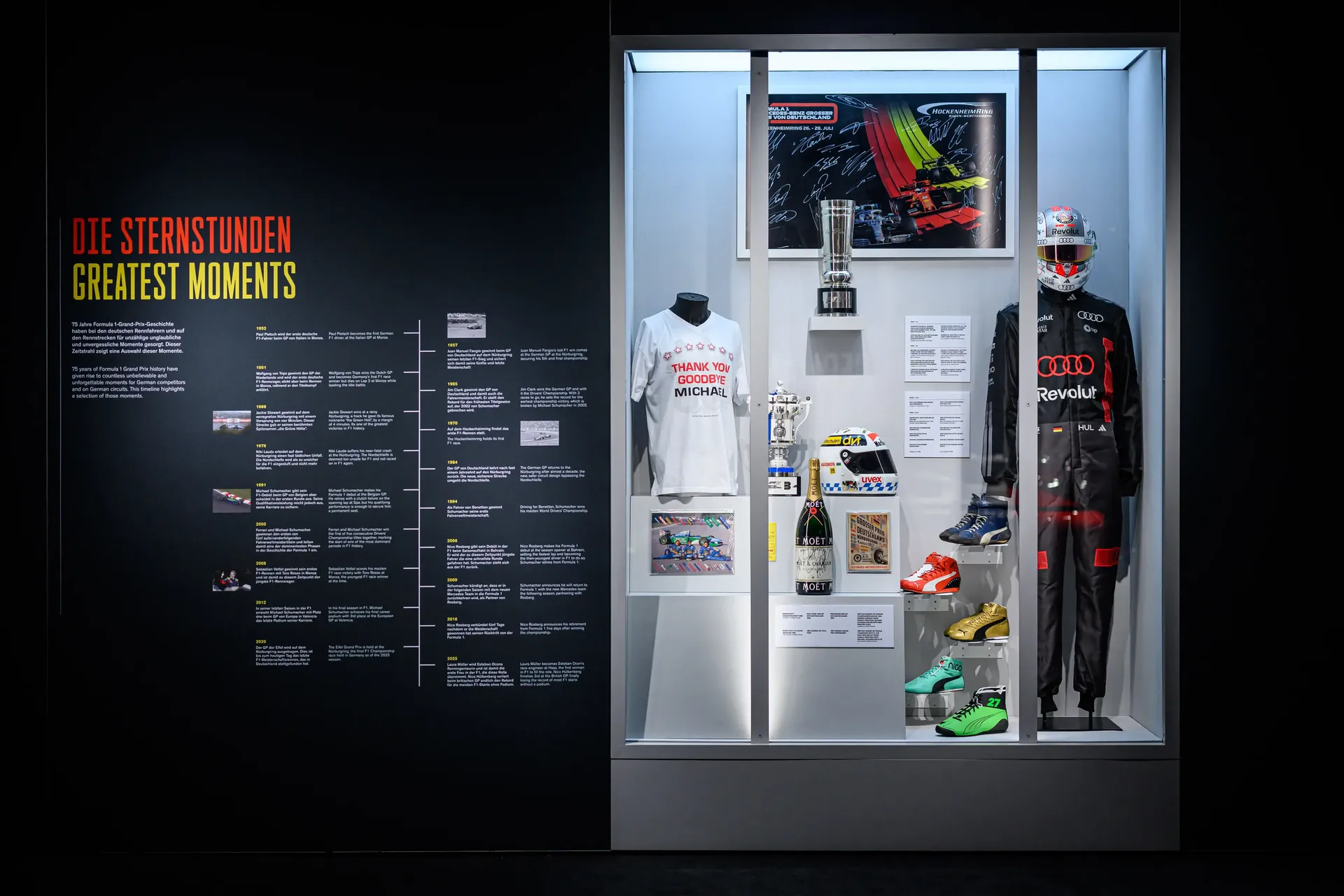 Illuminated exhibition cabinet featuring Audi Formula 1 racing equipment and memorabilia