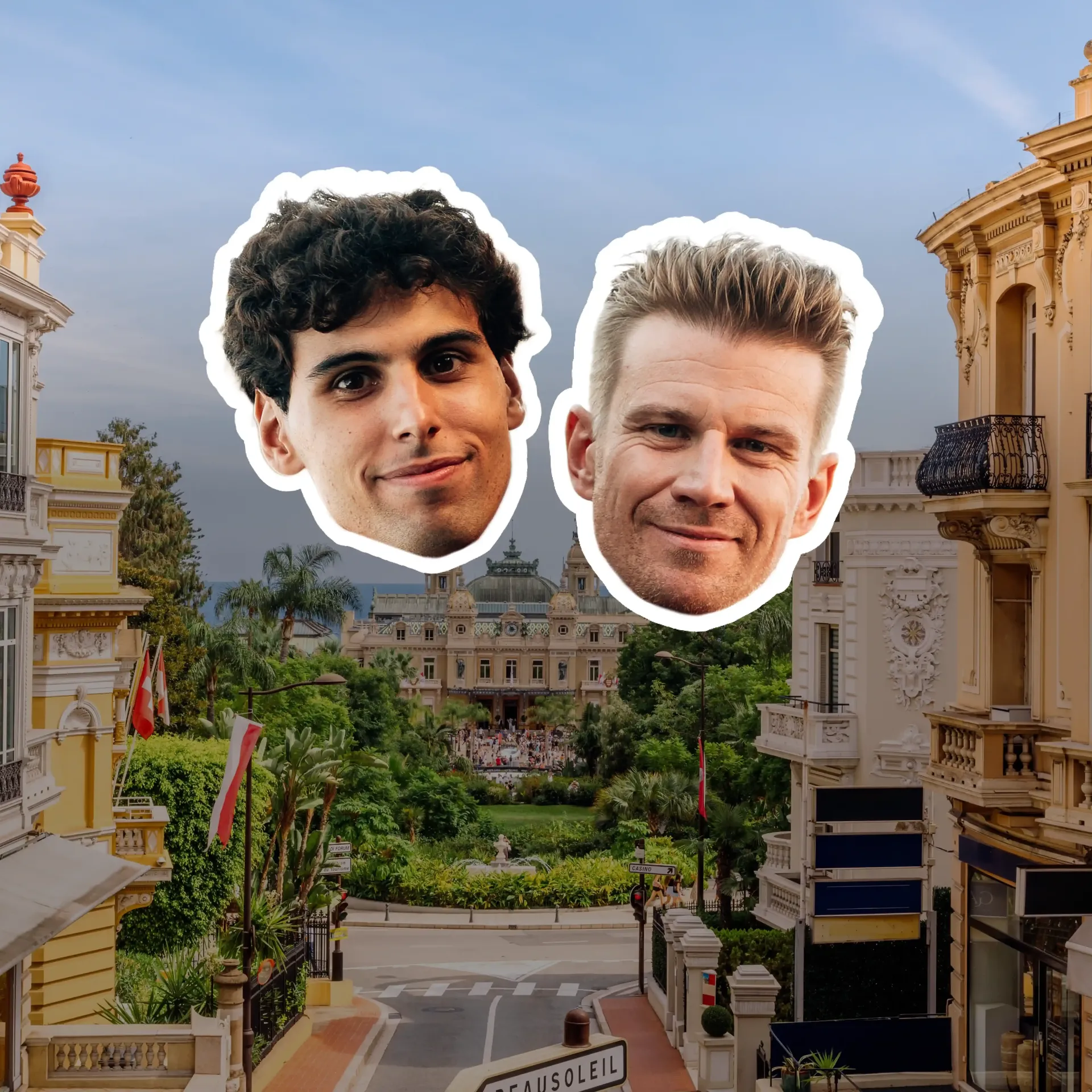 GABICO teaser featuring cutout collage heads of Nico and Gabi in the foreground, set against the iconic Casino Square in Monaco in the background