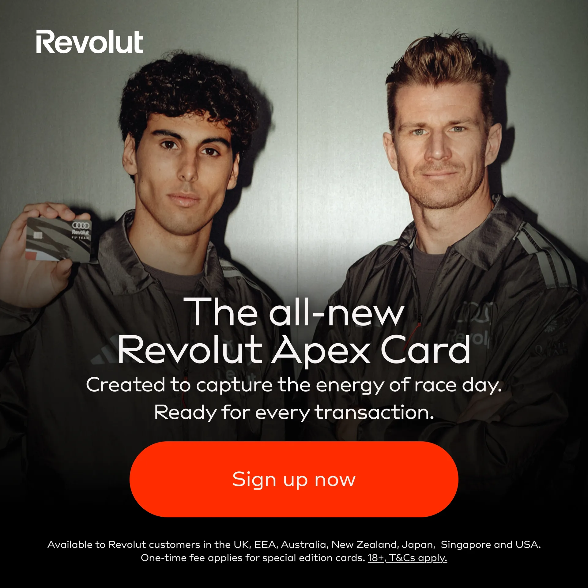 Audi Revolut F1® Team all new Revolut Apex Card featuring Nico Hulkenberg and Gabriel Bortoleto holding the Revolut card in his hand.