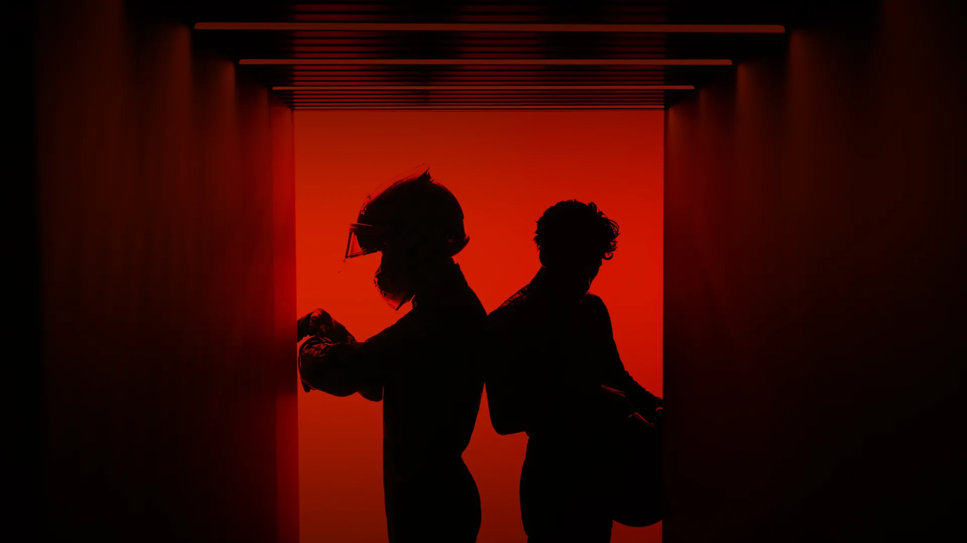 Inside the garage of the Audi Revolut F1® Team in red dramatic light
