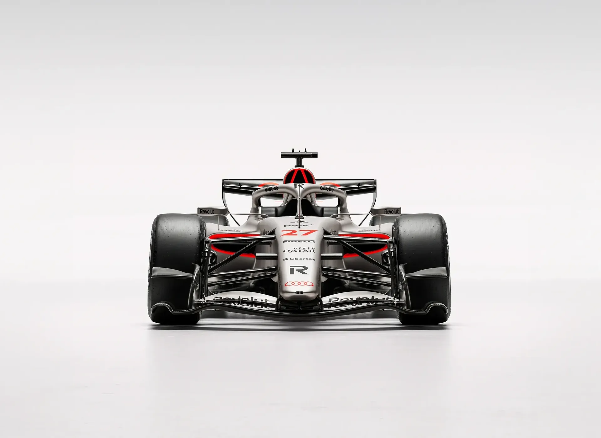 Front view of the Audi Revolute F1 Team R26 car in studio
