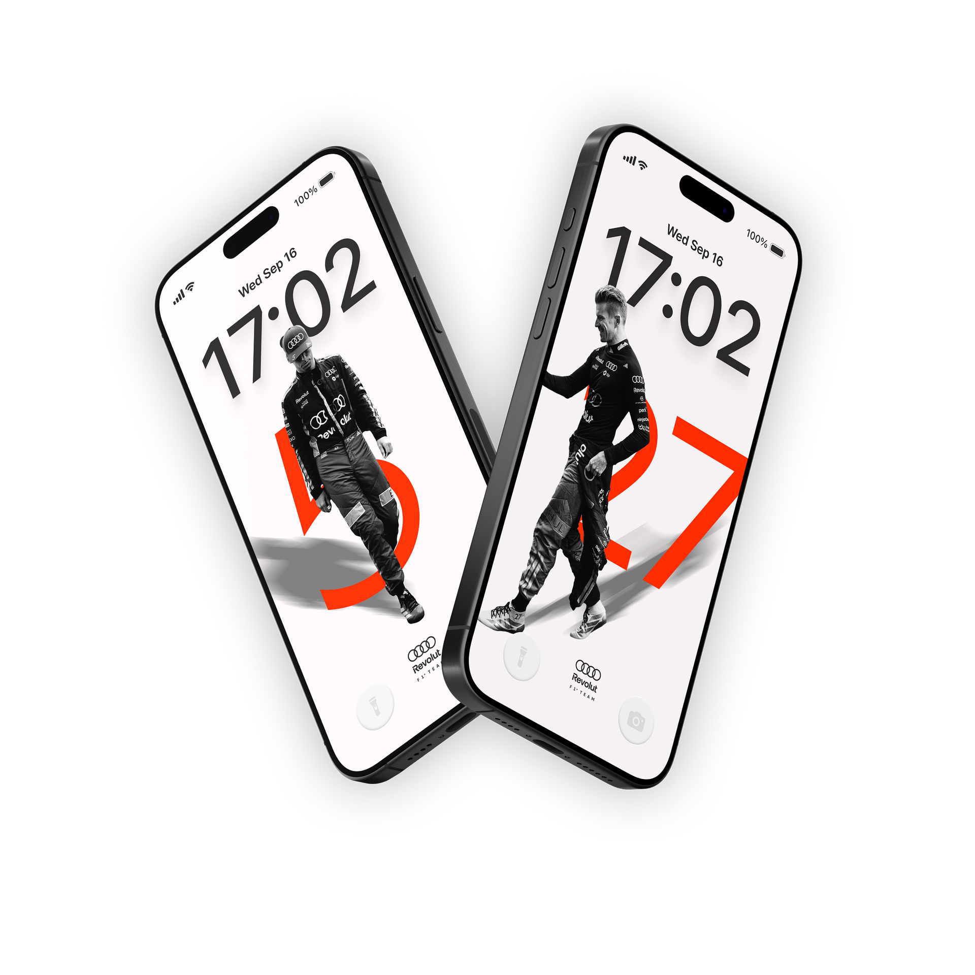 Audi Revolut F1® Team Limited Edition Wallpaper Mockup featuring two flying iPhones side by side