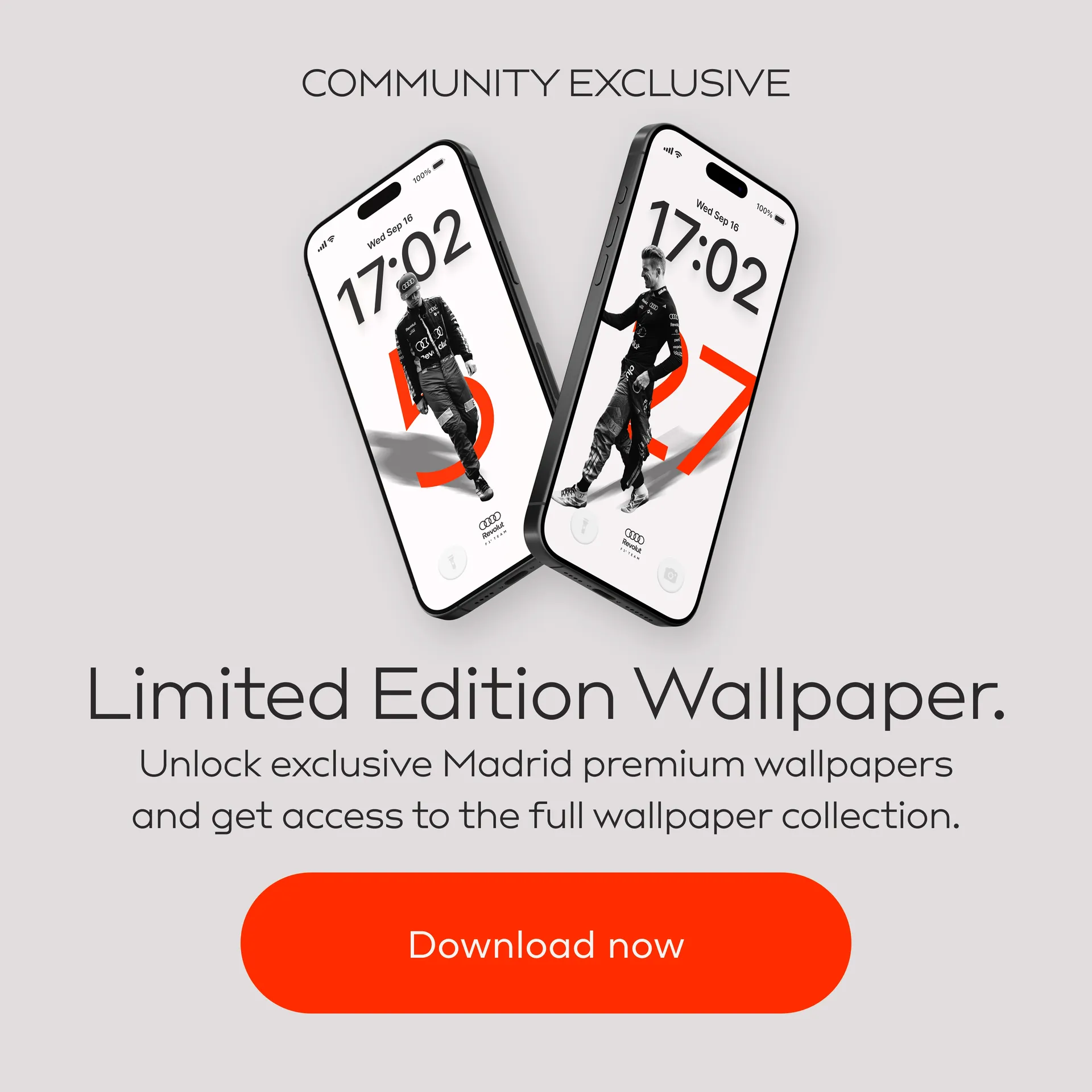 Audi Revolut F1® Team Limited Edition Wallpaper Mockup featuring two flying iPhones side by side