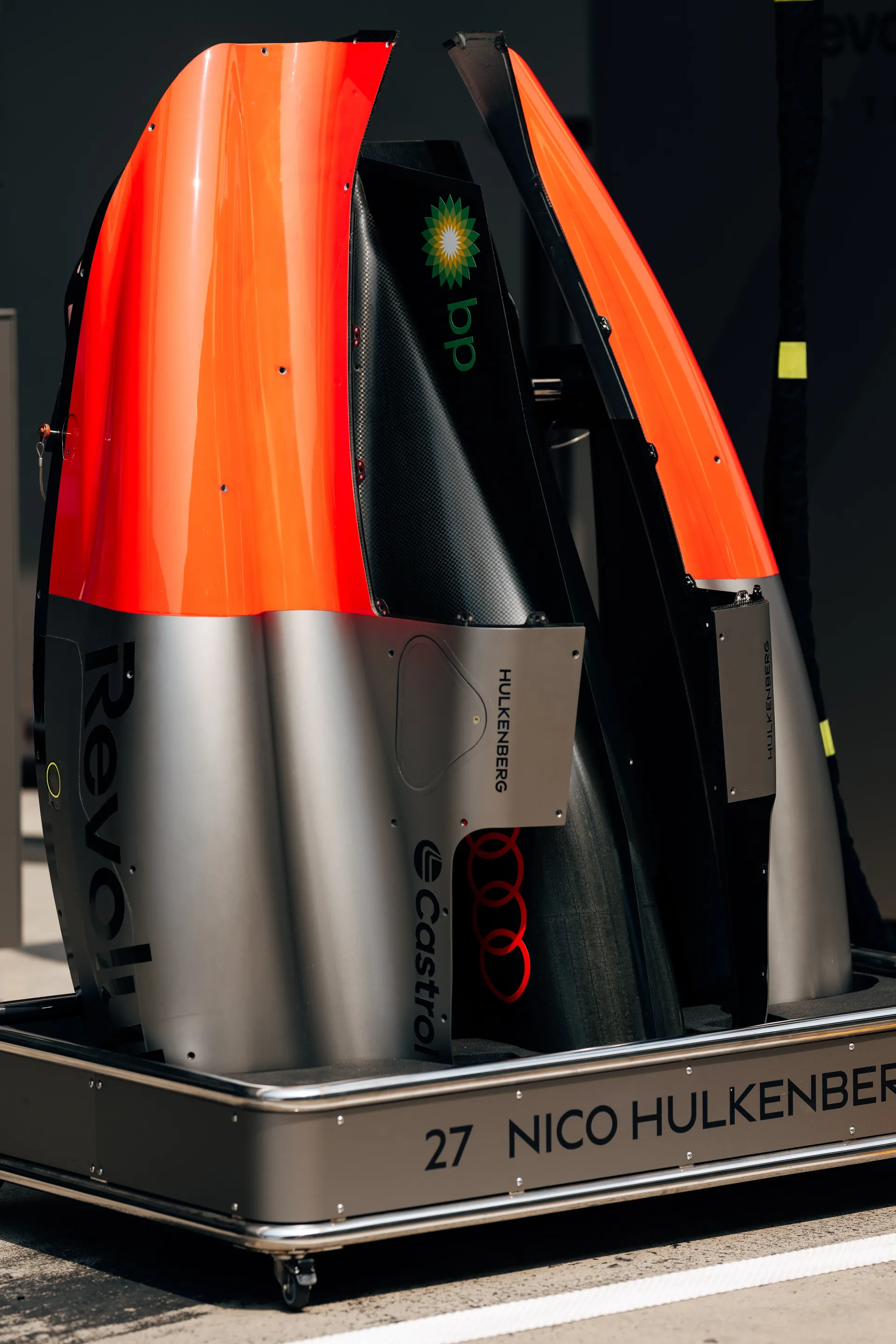 Nico Hülkenberg’s Audi Revolut F1® Team bodywork components displayed in the Shanghai paddock garage area.
