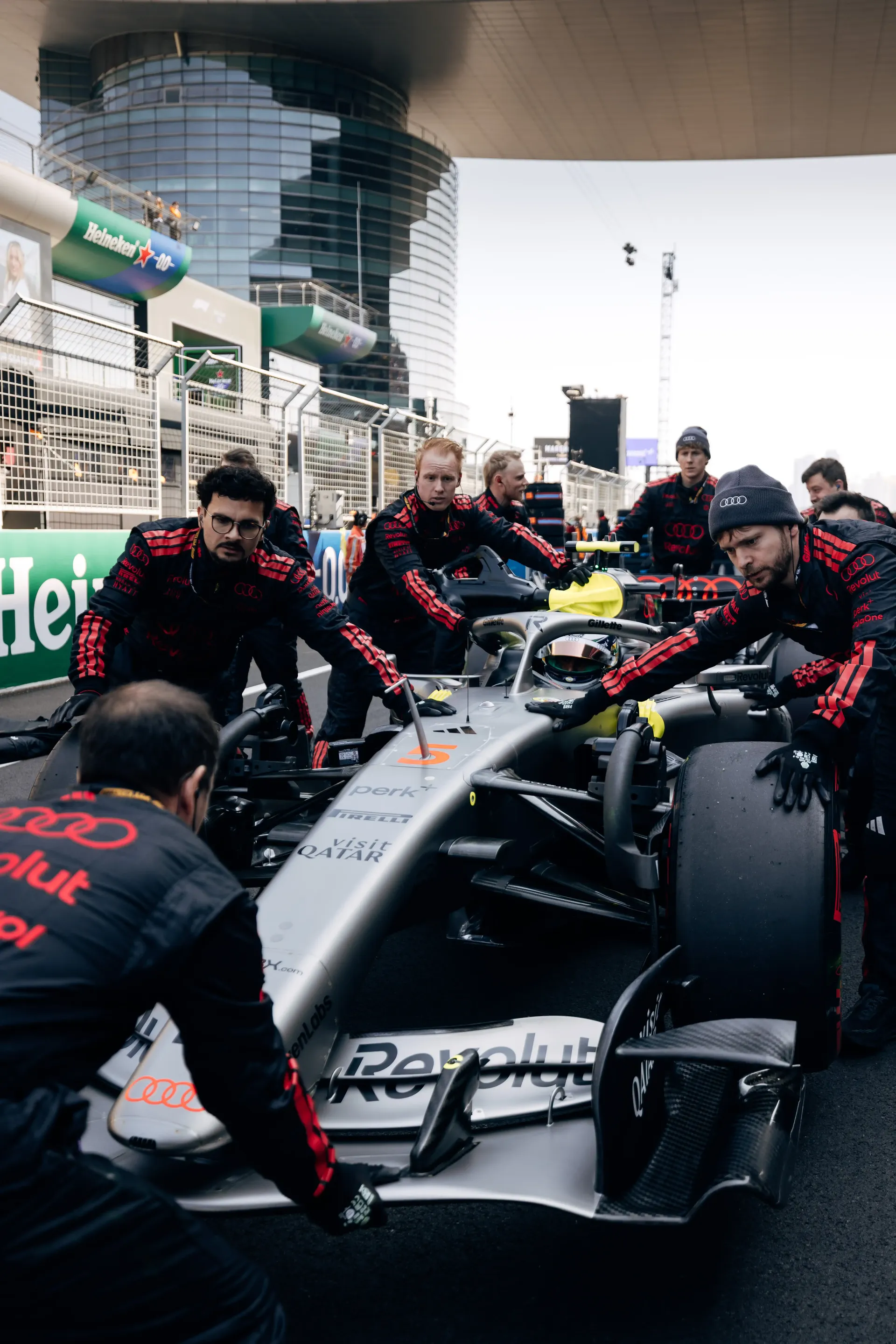 Audi Revolut F1® Team pit lane preparations during the Chinese Grand Prix sprint weekend.