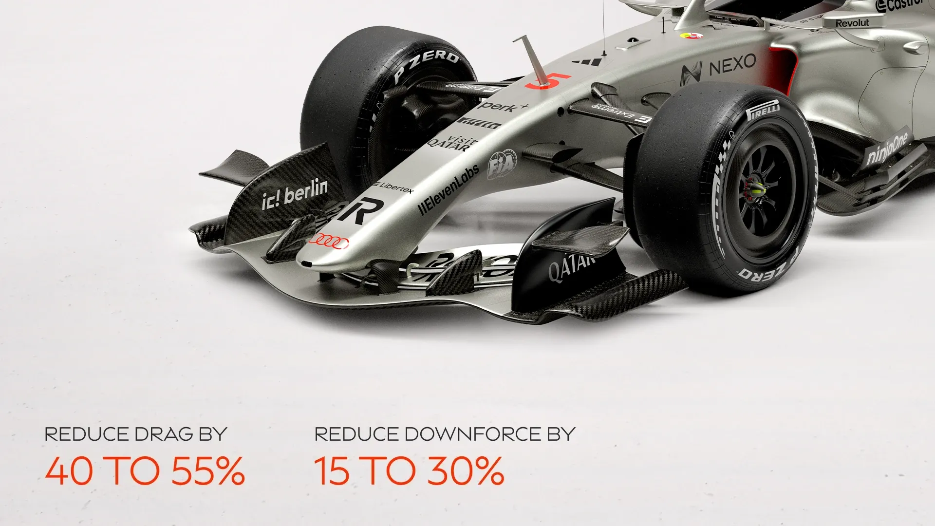 Front side render of Gabriel Bortoleto’s number 5 Audi Revolut F1® Team R26 with facts showing drag reduced by 40 to 55% and downforce reduced by 15 to 30%.