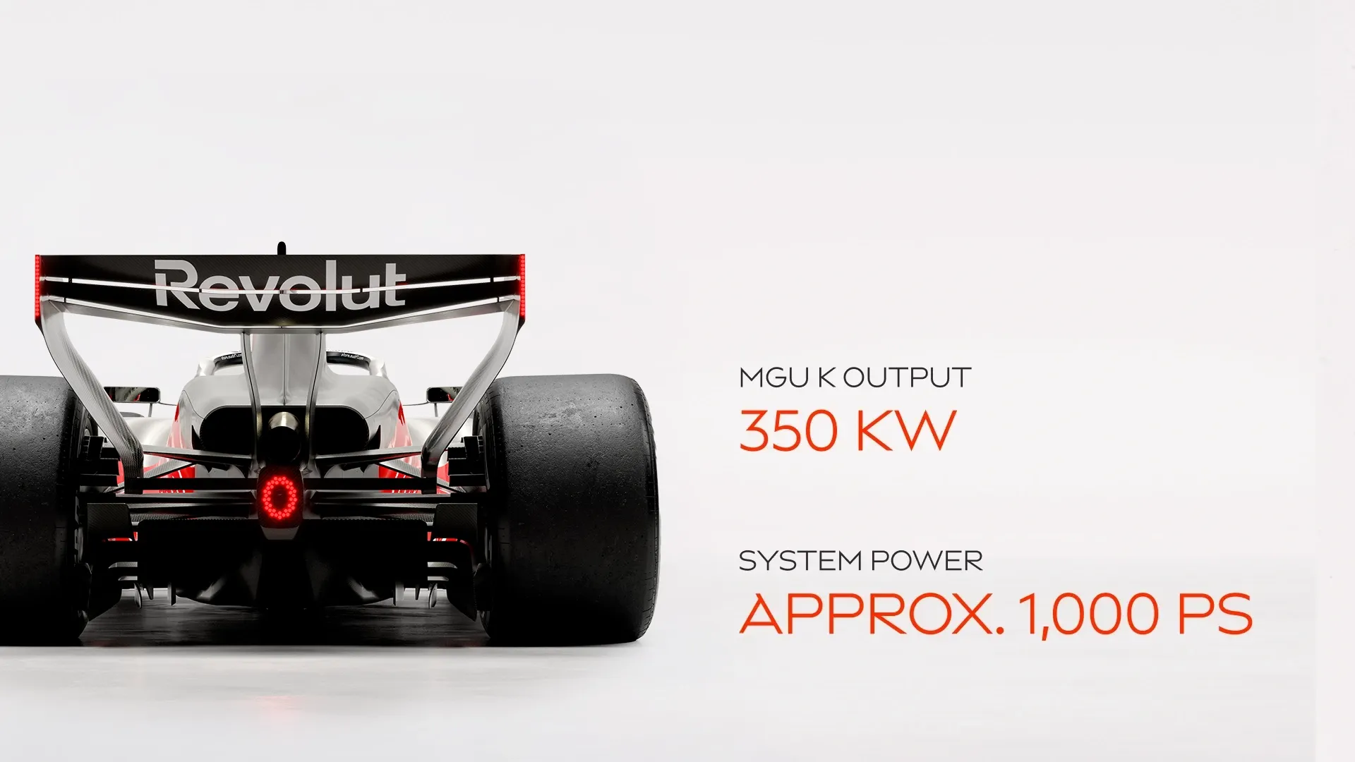 Rear view of the Audi Revolut F1® Team R26 with facts showing 350 kW MGU K output and approx. 1,000 PS system power.