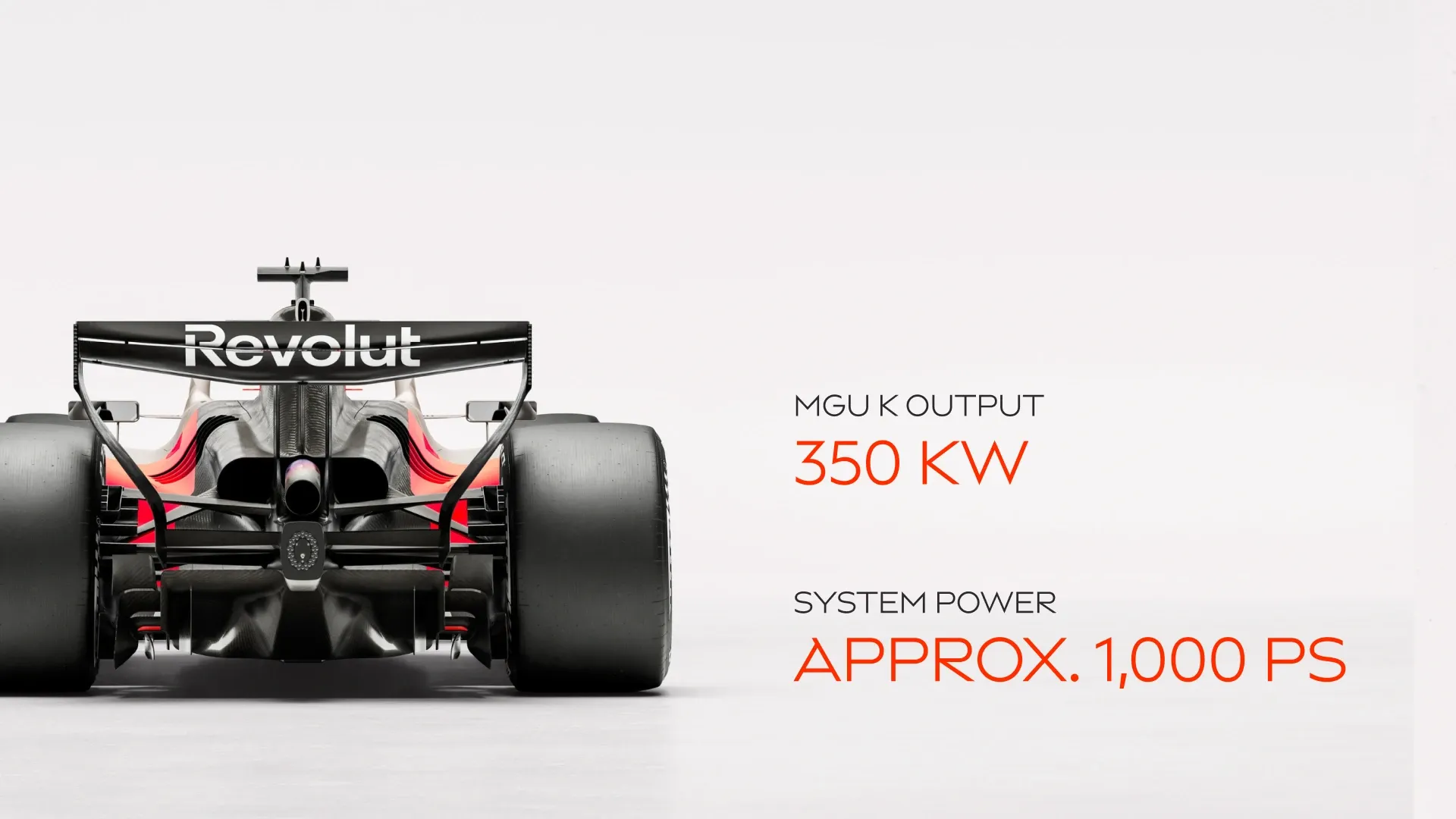 Rear view of the Audi Revolut F1® Team R26 with facts showing 350 kW MGU K output and approx. 1,000 PS system power.