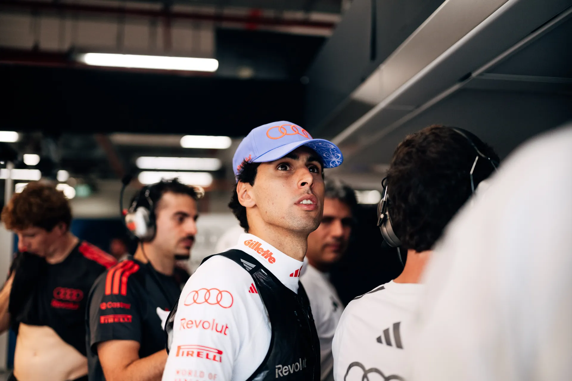 Close Up of the Audi Revolut F1® Team driver Gabriel Bortoleto in the garage