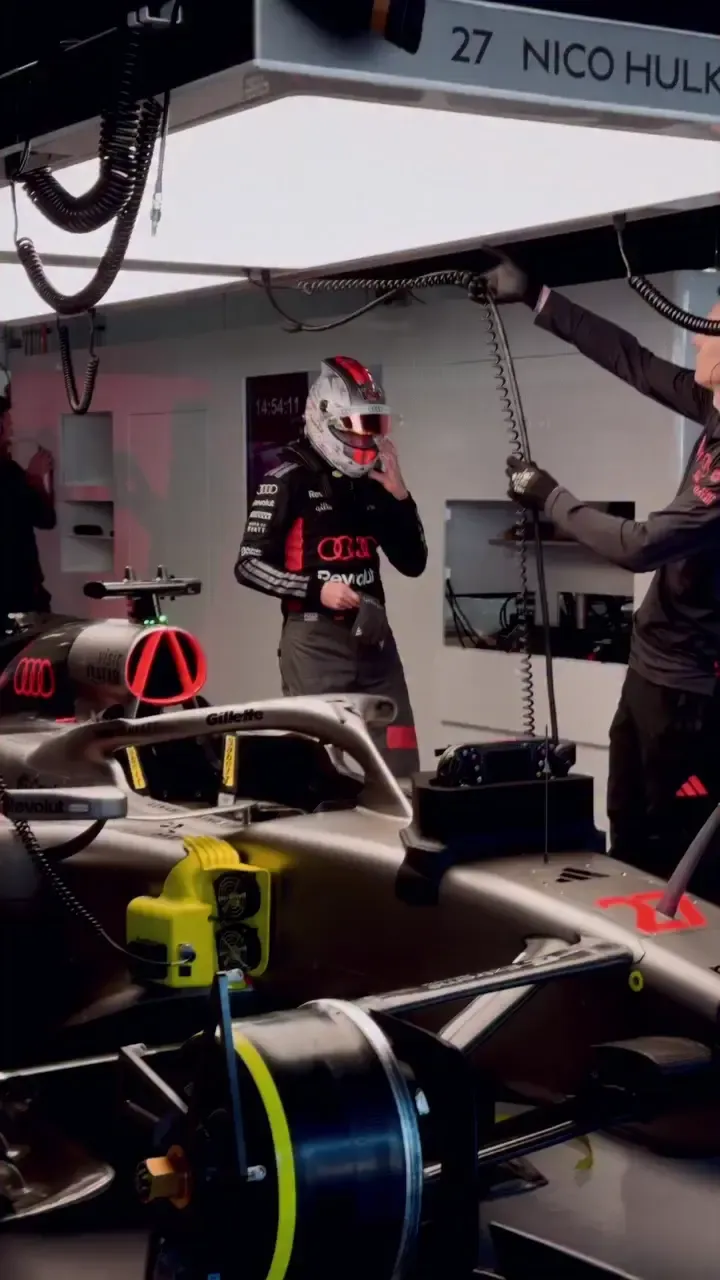 Niko Hulkenberg getting ready for Practice in the Audi Revolut F1® Team garage
