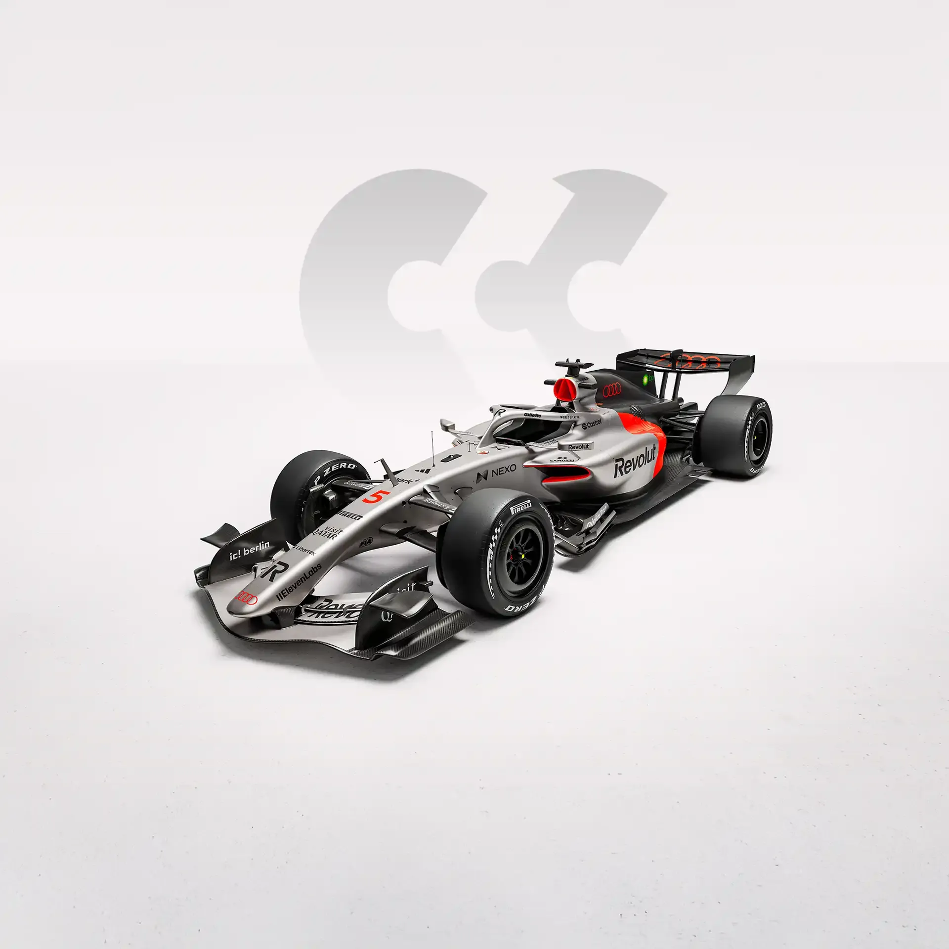 Side view front of the Audi Revolut F1® Team R26 car in studio with camozzi Logo, half transparent in the back