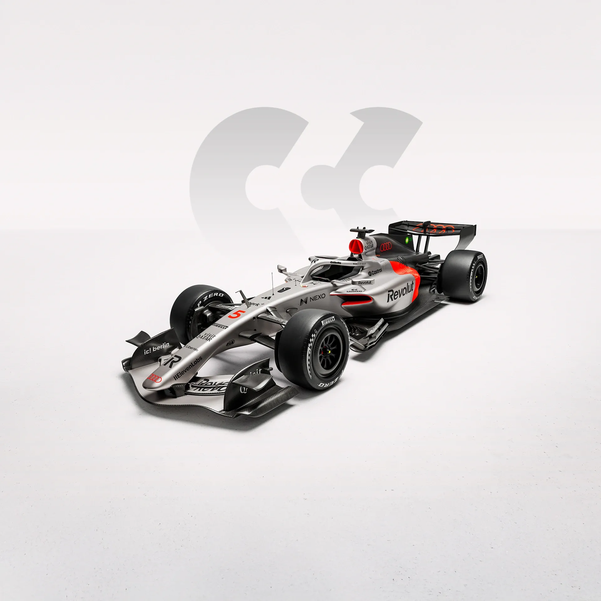 Side Frontview of the Audi Revolut F1® Team car Camozzi Partner Logo