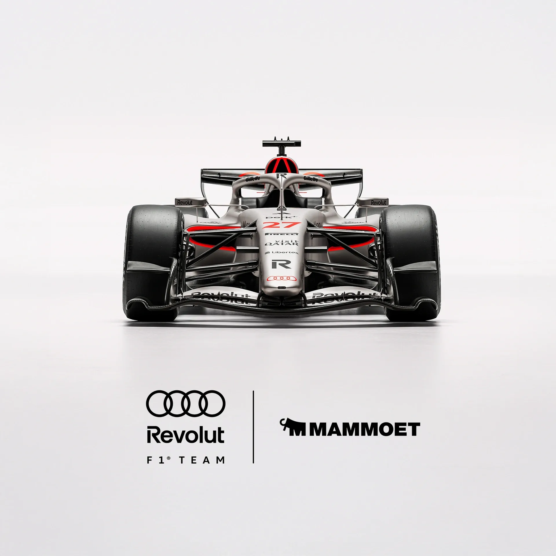 Frontview of the Audi Revolut F1® Team car Mammoet Partner Logo